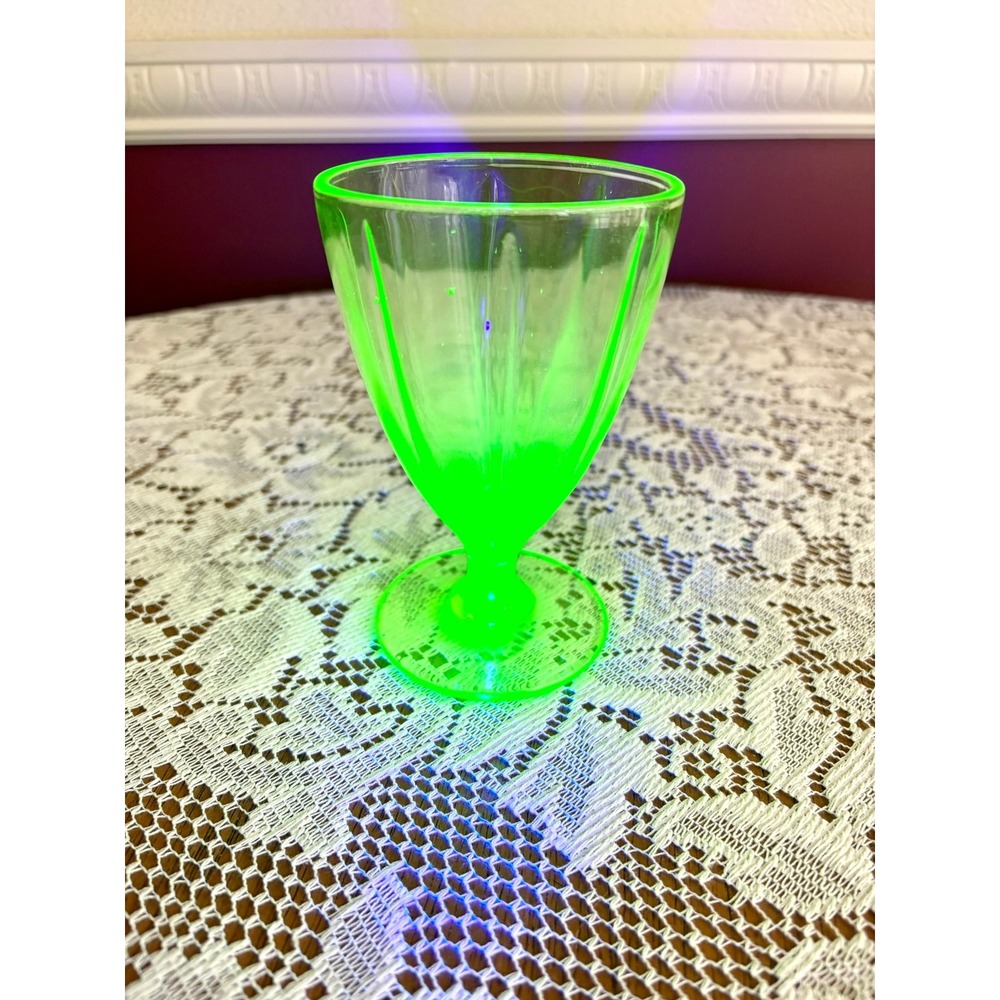 Vintage Green Uranium Glass Paneled Parfait Goblet Depression UV Glow Footed Cup